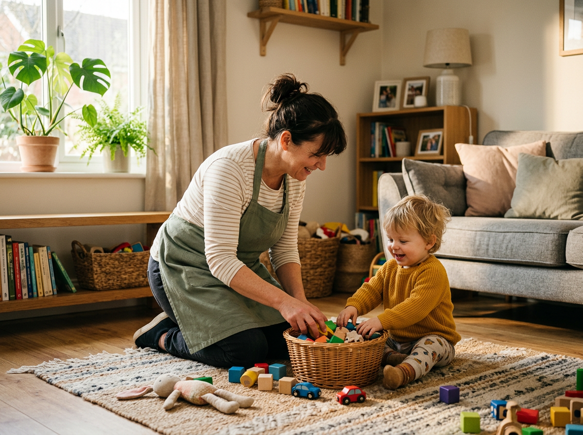 Household helper kneeling to tidy toys with a smiling toddler in a sunlit living room