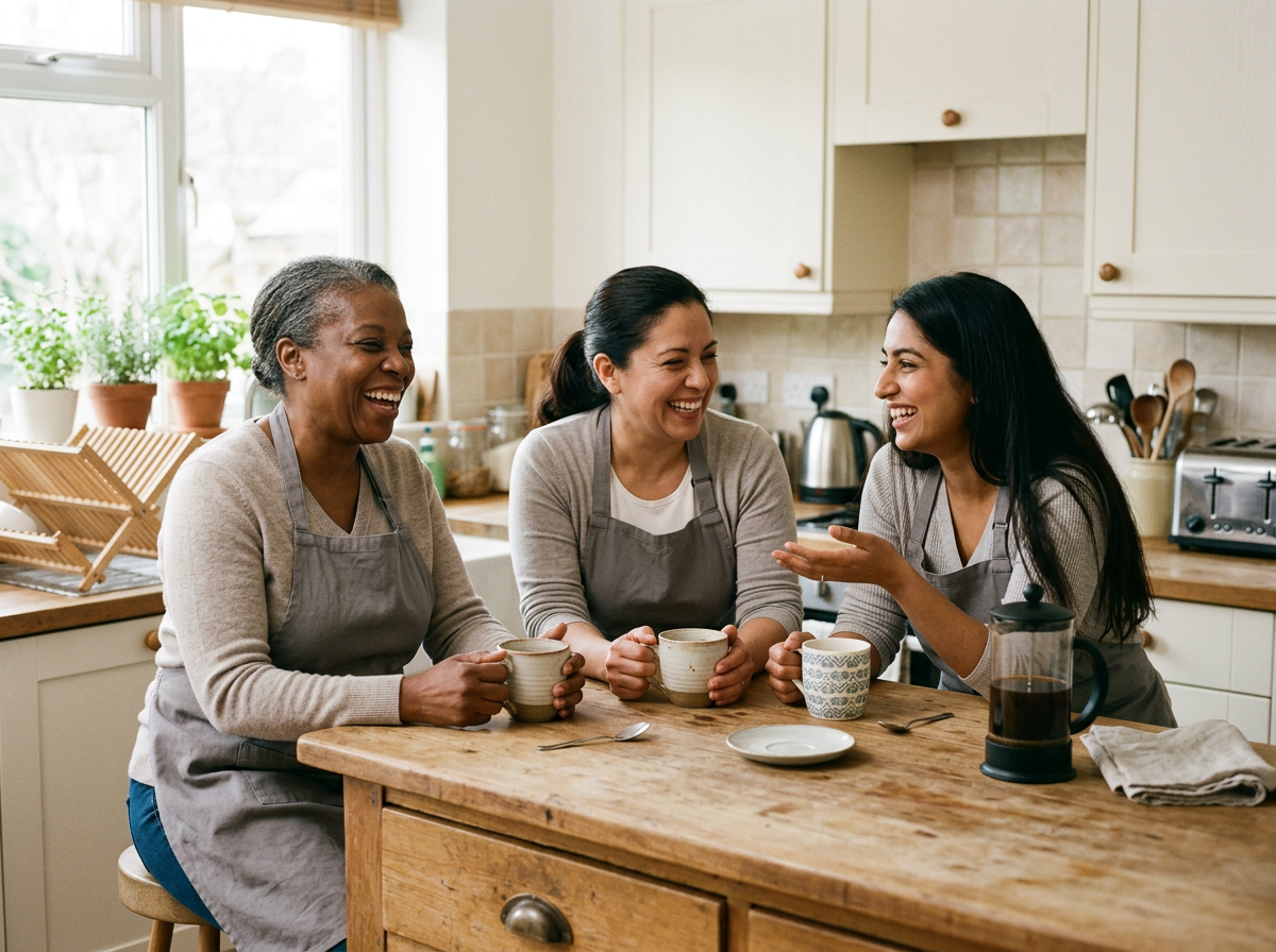 Three household support team members laughing together over coffee in a bright kitchen