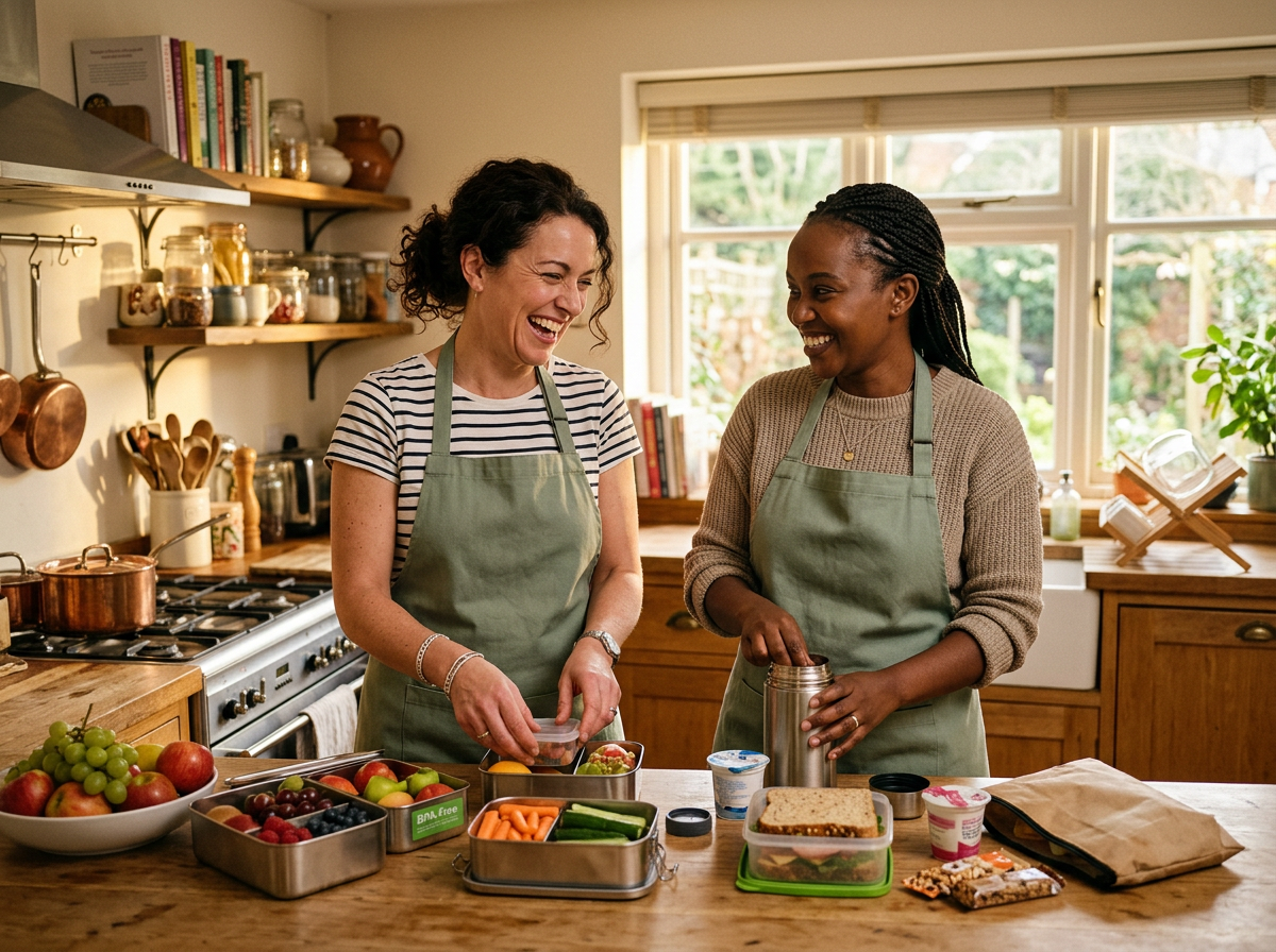 Two Village Support Co. team members in sage-green aprons laughing together while packing school lunches in a cozy kitchen