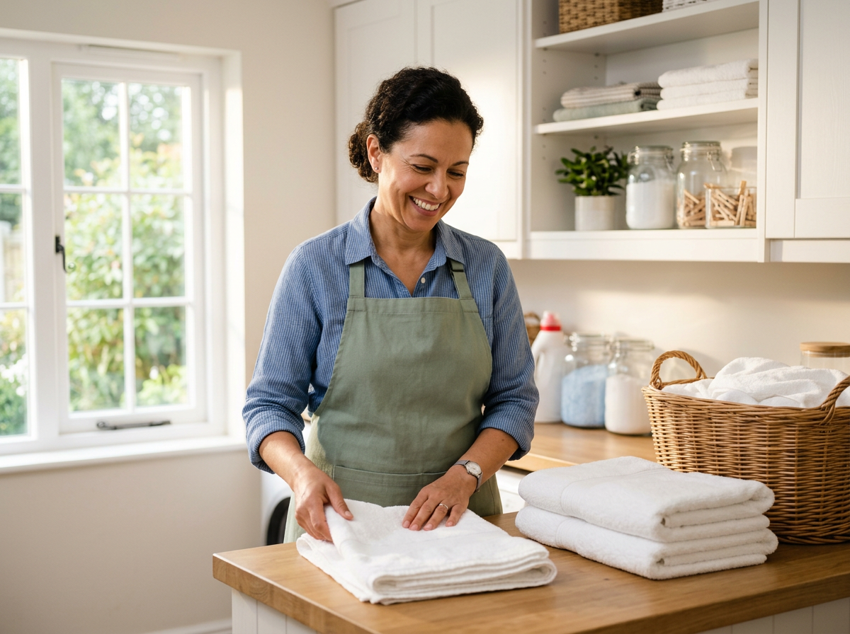 Smiling household support professional in a sage-green apron folding fresh towels in a bright laundry room
