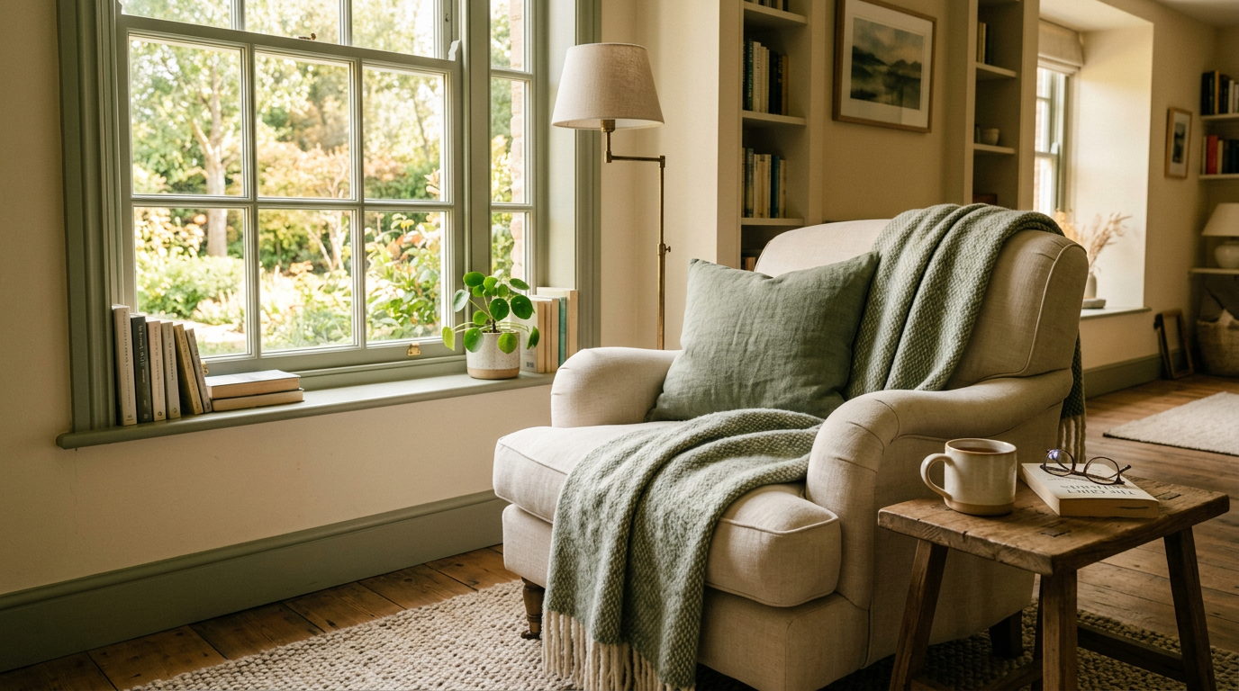 Calm reading corner with an armchair and warm blanket by a sunny window