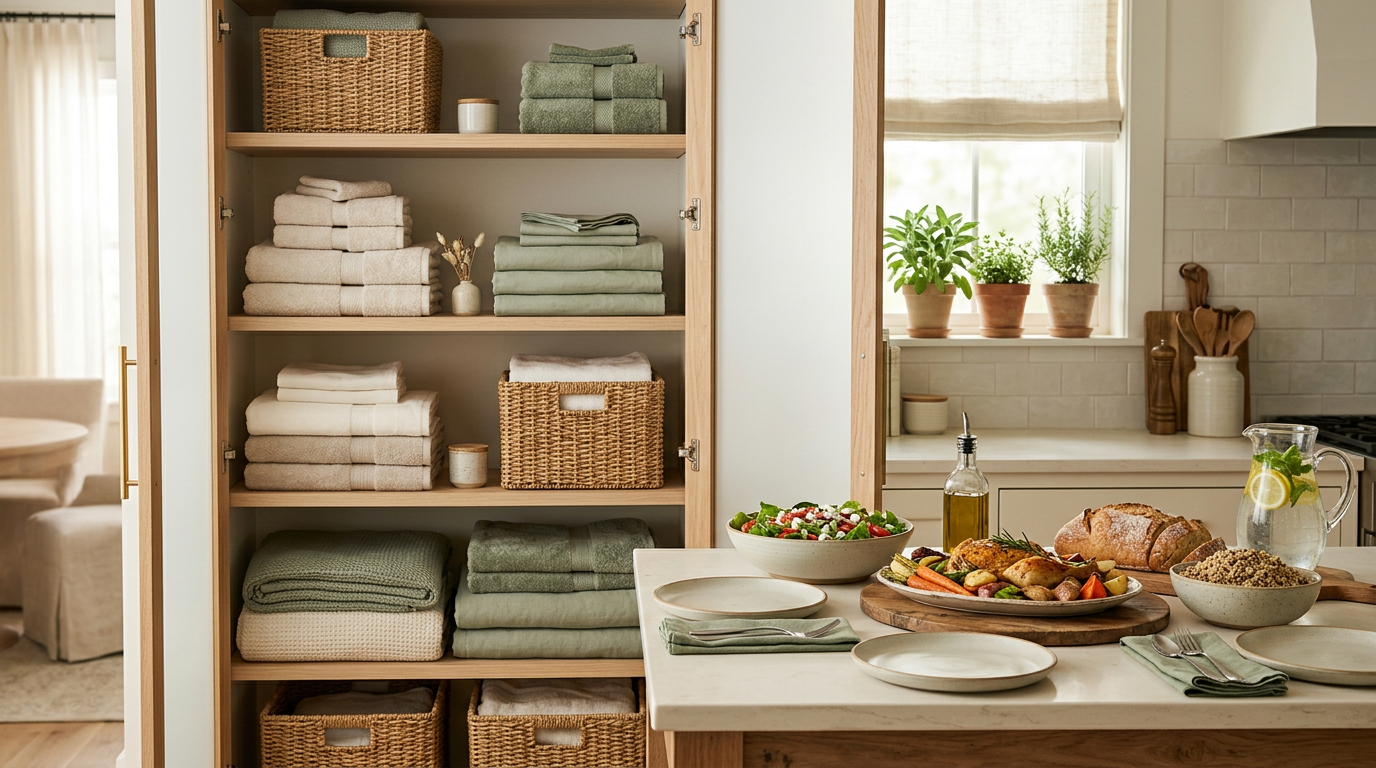 Folded linens and a freshly prepared family meal in a bright kitchen