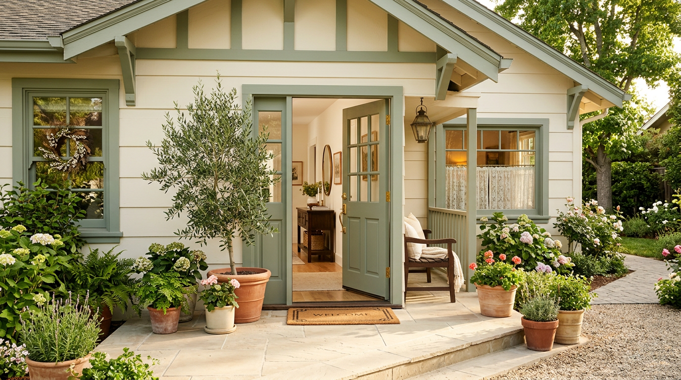 Welcoming suburban home entryway with an open front door and potted plants