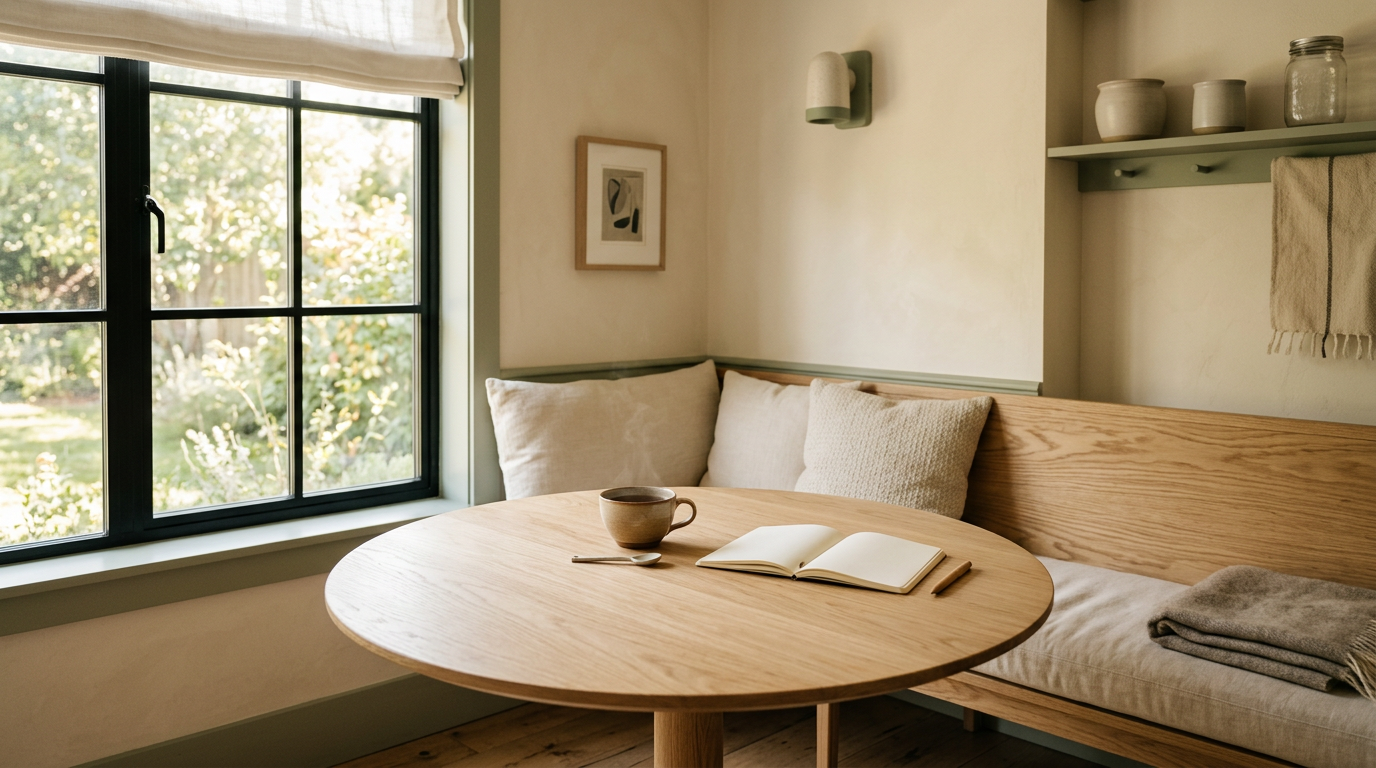 Quiet kitchen nook with tea and an open notebook in morning light