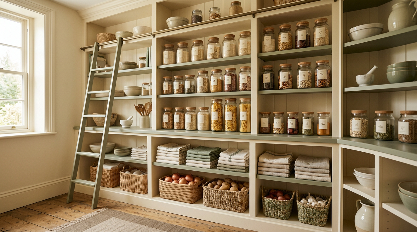 Beautifully organized pantry with glass jars and folded linens