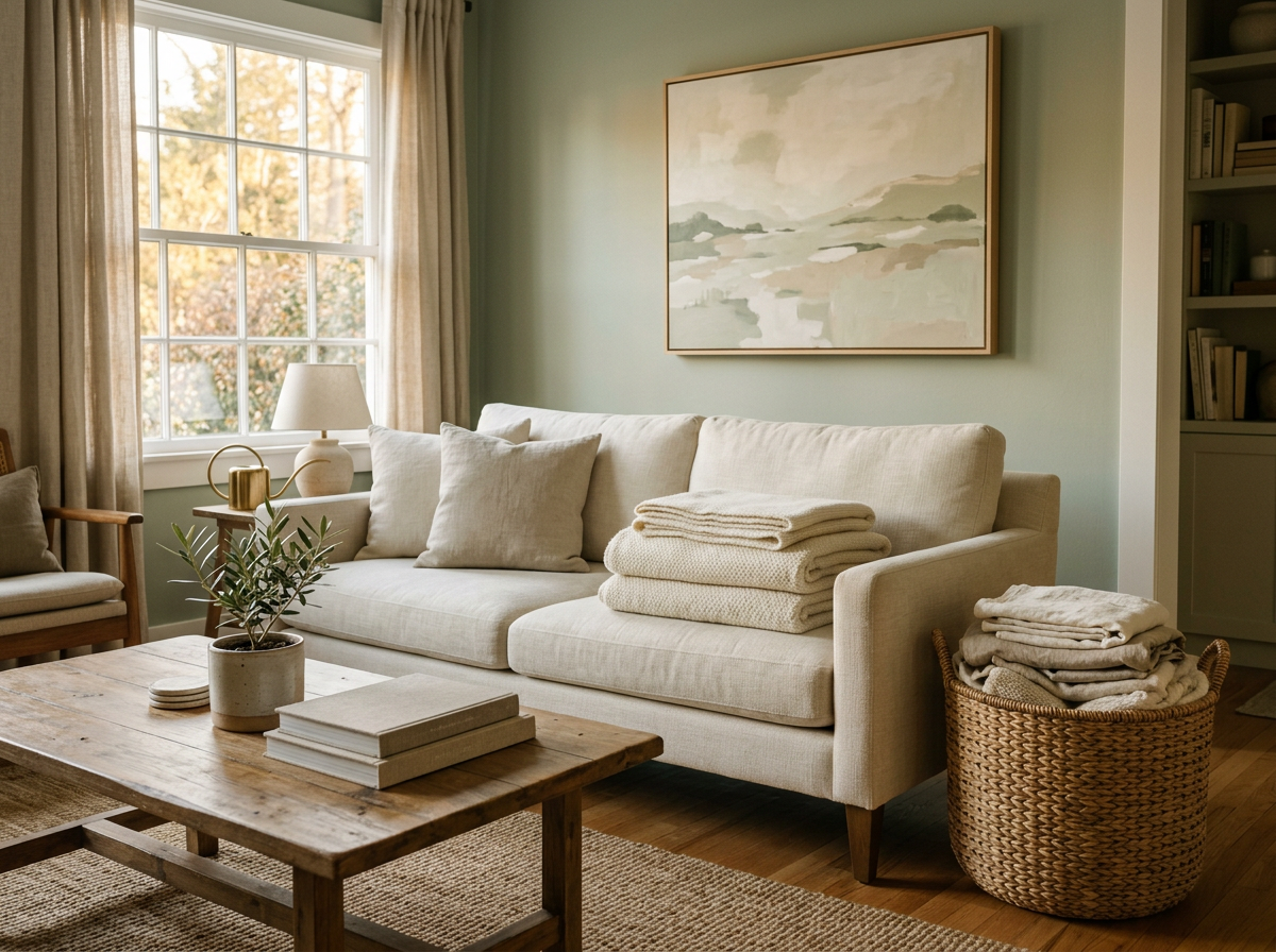 Calm, freshly reset living room with folded blankets and soft window light