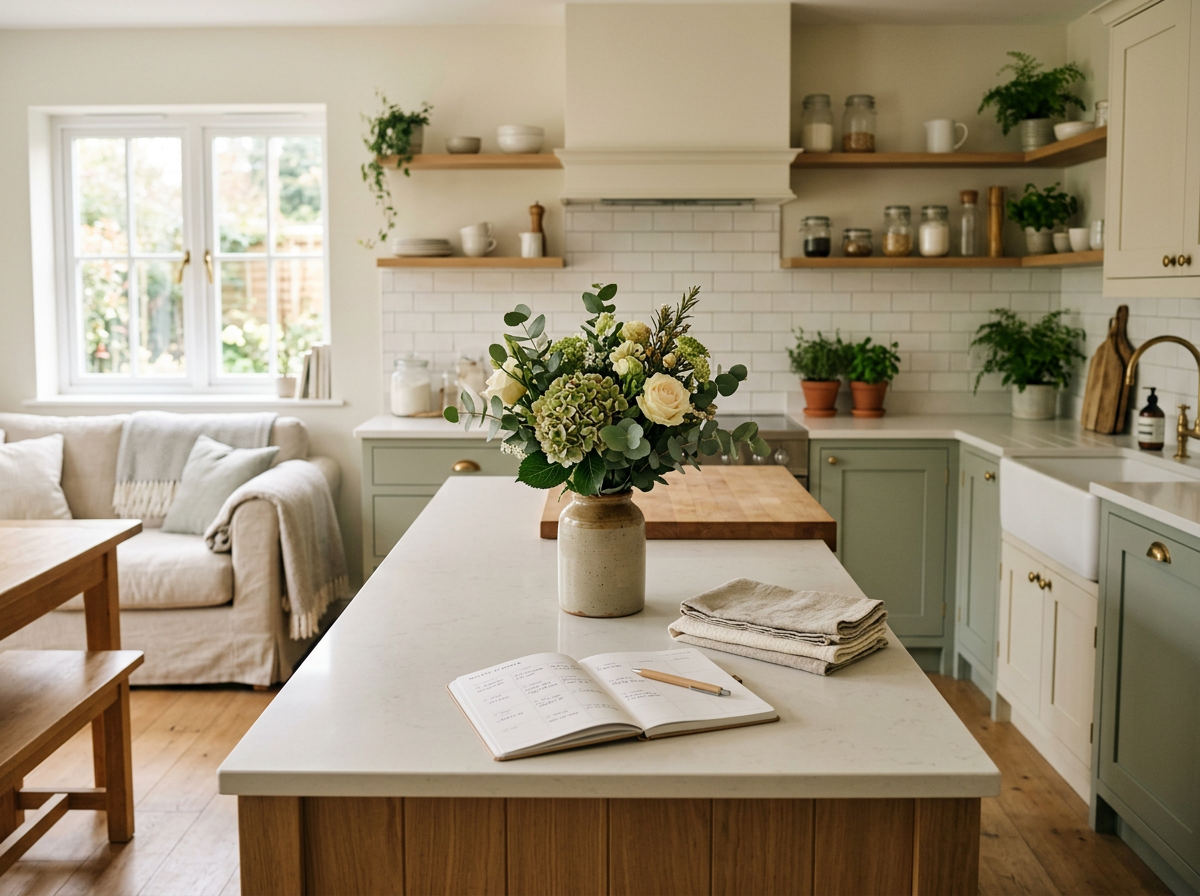 Bright, tidy family kitchen with flowers, folded linens, and a weekly planner on the island