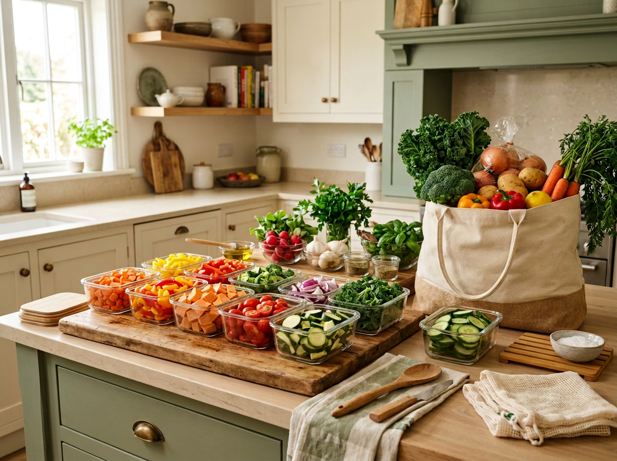 Fresh family meal prep containers and groceries on a kitchen island