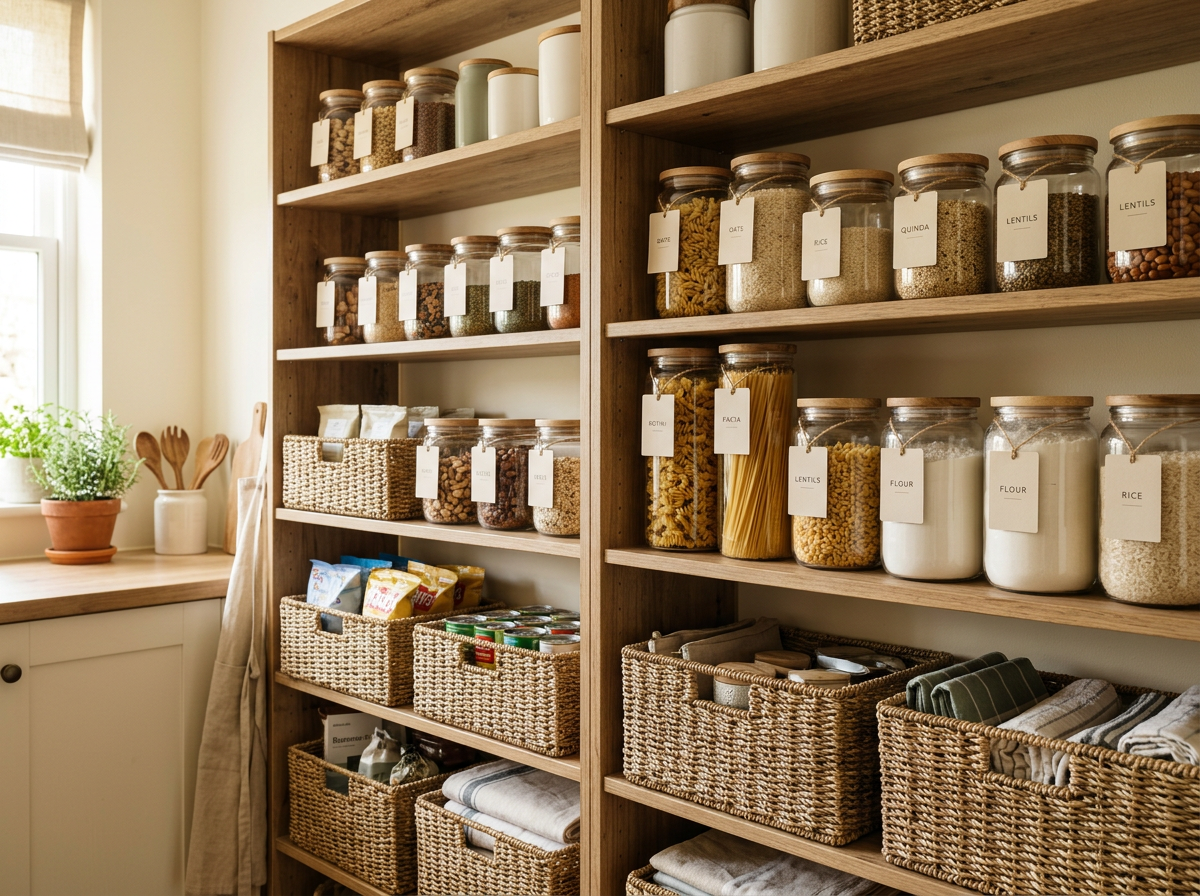 Organized pantry shelves with labeled jars and woven baskets