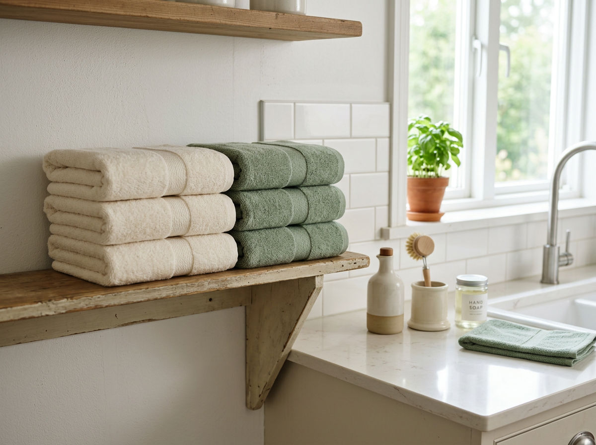Neatly folded cream and sage towels stacked on a linen shelf