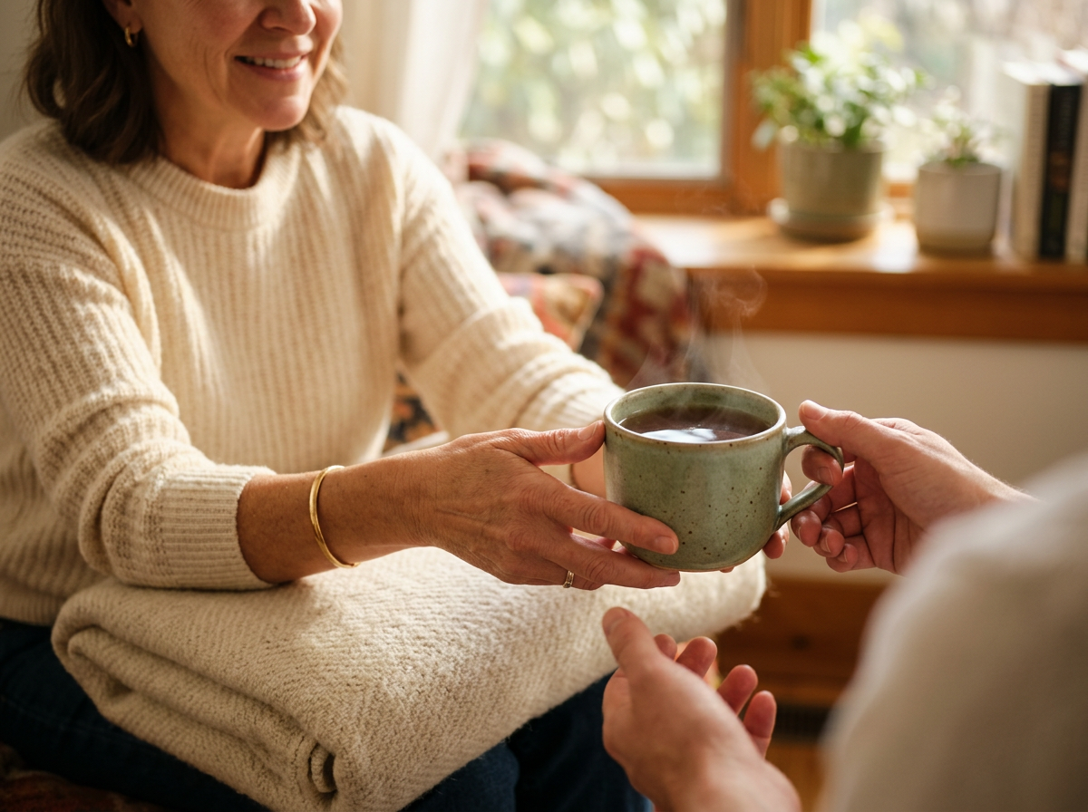 Two people sharing a warm mug of tea in a cozy sunlit living room